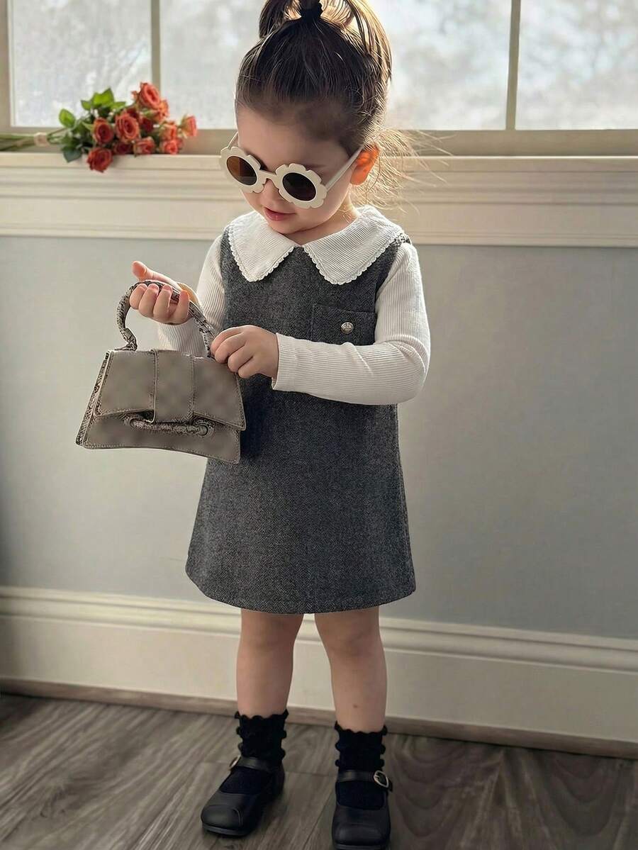 Hapijoa Toddler Girls' Korean Style Casual Round Neck Mid-Length Dress, Autumn/Winter - Grey - View 1