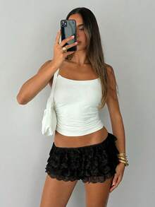 Aloruh Women's Solid Color Black Cake Skirt, Lace Mini Skirt - Black - View 5