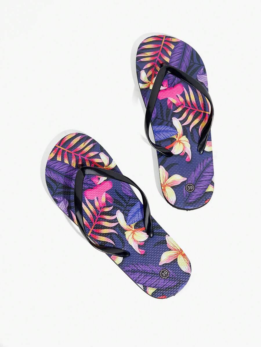 Grefit Chanclas de playa con suela con estampado de flores y fondo plano para vacaciones de verano, zapatos de primavera y verano, estilo casual de playa, zapatos de boda en la playa, fáciles de usar para Pascua - Negro violeta - Ver 1