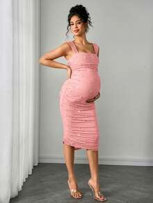 SHEIN Đầm bầu thanh lịch, đầm dạ hội sang trọng cho đám cưới, đầm đính ngọc trai giả, đầm bầu màu mơ - Màu Hồng baby - Xem 3