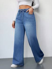 SHEIN Tall 女款牛仔褲休閒高腰寬腿長褲 藍色女款牛仔褲 夏季女裝彈性腰帶牛仔褲 休閒寬鬆直筒褲 高個女性適用 - 淺色水洗藍 - 查看 5