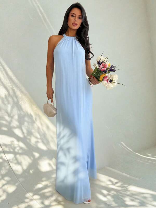 Firerie Women's Light Blue Greek Style Draped Backless Sleeveless Maxi Dress, Chiffon Flowing Maxi Dress, Romantic Vacation Maxi Dress, Sexy Elegant Maxi Dress, Spring/Summer Clothing, Elegant, Commute, Date, Party, Wedding Season, Graduation, Performance, Concert, Work Attire, Back To School, Women's Birthday, Holiday, Boho, Vacation, Bohemian, Beach, Dress, Birthday Dress, Party Dress, Graduation Dress, Wedding Guest Dress, Formal Dress