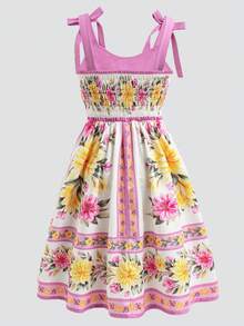 Tween Girls Dress,White Floral,Summer,Boho,Vacation,Holiday Elegant Pink Rose Floral Print Spaghetti Strap Ruffle Hem Bow Shoulder A-Line Dress - Mauve Purple - View 7