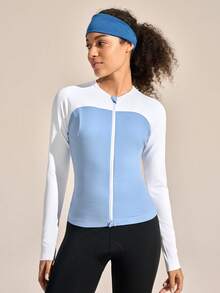 Exploreva Áo đạp xe dài tay nữ màu xanh dương và trắng phối tương phản - Xanh và trắng - Xem 1