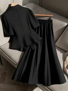 GlowEve CURVE Plus Size Women's Fashion Commuter Puff Sleeve Blazer + Plus Size Women's Fashion Commuter Pleated Skirt 2 Piece Set Two Piece Outfit Women - Black - View 2
