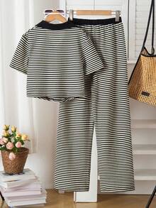 Teenage Girls' T-Shirt Set, Young Ladies' Fashion Plaid Set, Collar Splice Black, Curved Hem Design, Paired With Pants, Casual & Simple - Multicolor - View 2
