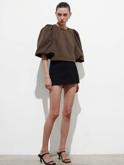 Aveloria Modichic Women's Blouses Structured Blend Fabric Oversized Puff Sleeve Drop Shoulder Design Minimalist Modern French Retro Elegant Style Solid Color Elegant Women's Blouses Office Outfits For Women Elegant Women's Set Black Skirt Brown Dress