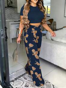 VaVaBold Women's Summer Casual Solid Color Cropped T-Shirt & Floral Print Pants 2-Piece Set - Navy Blue - View 6