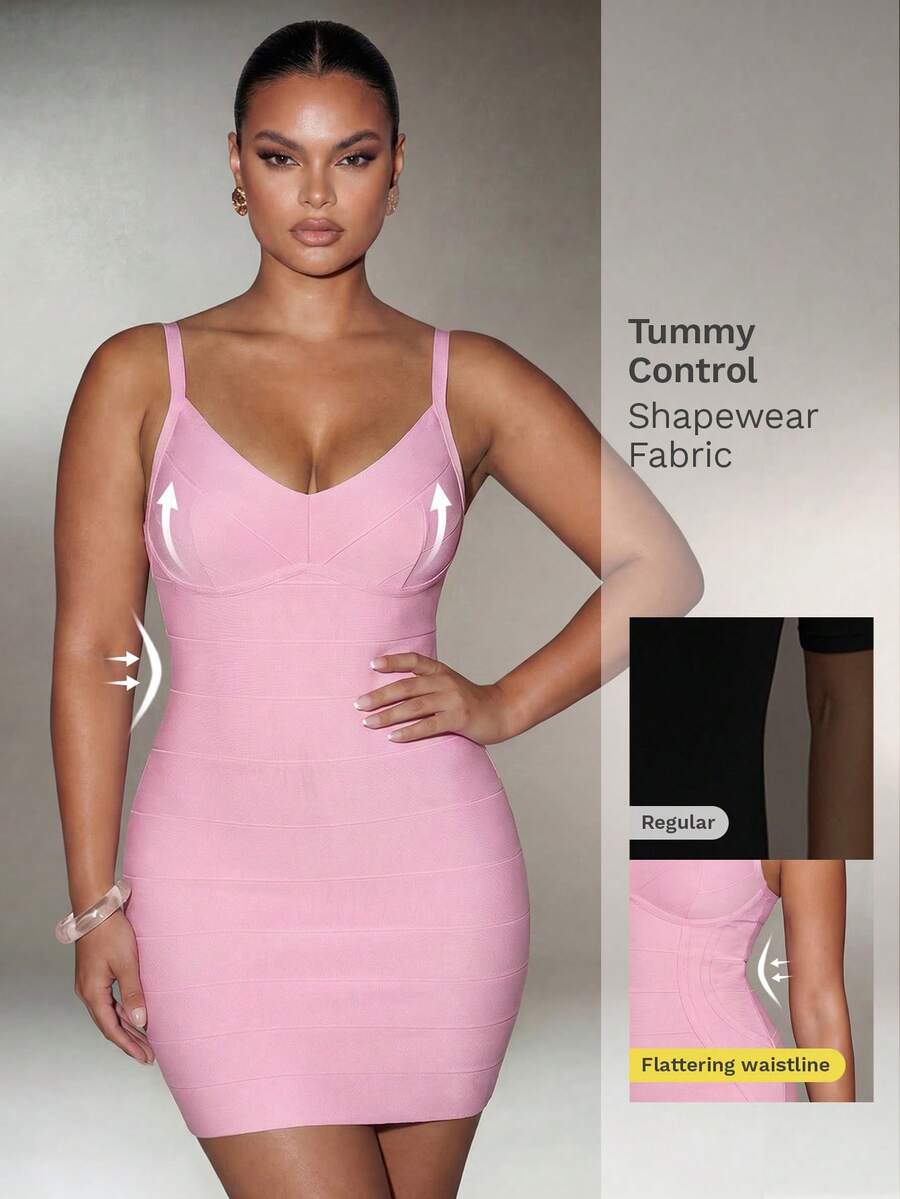 Đầm dự tiệc ôm sát cơ thể, hở eo, gợi cảm, cổ chữ V, dây mảnh. - Màu Hồng baby - Xem 1