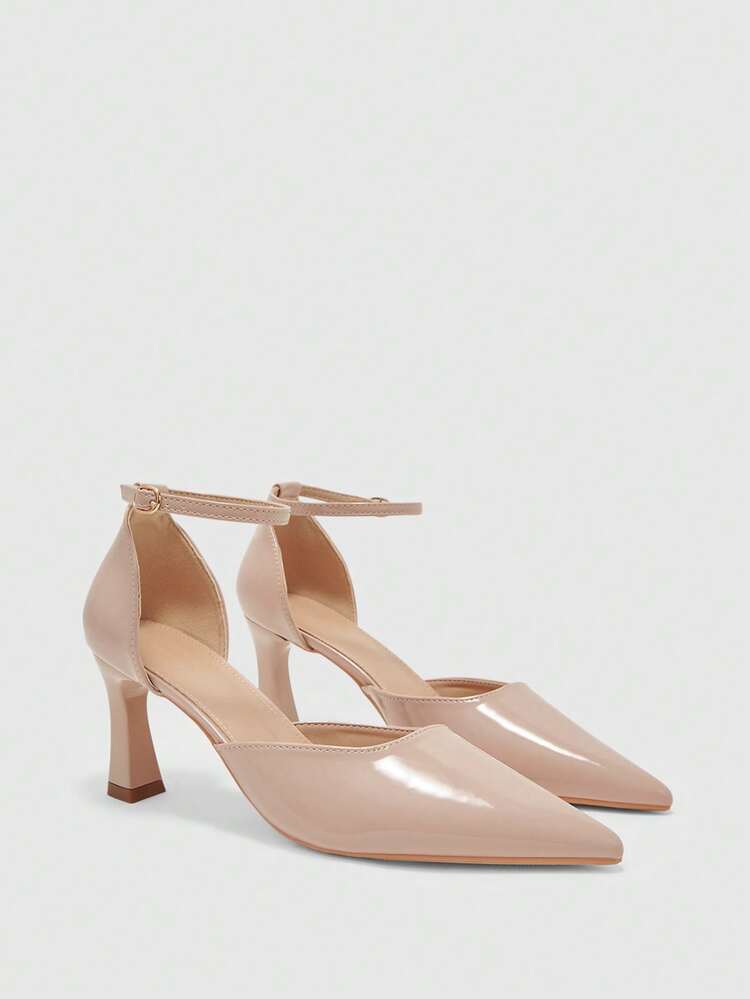 CUCCOO BIZCHIC Women Shoes Women's High-Heeled Shoes Spring And Summer New Patent Leather Material Solid Color Pointed Thick Heel 8 Cm Commuting Daily Dating Versatile Buckle Hollow Design Elegant Temperament Workplace Banquet Showing Height And Thinness Comfortable Women's Shoes