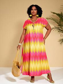 EMERY ROSE 大码女装夏季度假撞色侧开衩宽松蝙蝠袖连衣裙，休闲长裙，女士度假装，女士碎花连衣裙，女士假日装，女士夏季装，女士春季夏季长裙，大码长裙，曲线长裙，度假装，曲线大码度假装，大码女装连衣裙，夏季大码女装连衣裙，大码夏季装，女士大码连衣裙，大码夏季连衣裙，女士夏季连衣裙，女士连衣裙，加勒比海风情女装，女士度假套装，非洲风情女装，牙买加风情女装 - 彩色 - 查看 2