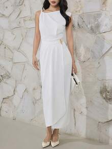 Heiryn This New, Uniquely Designed Dress Features An Asymmetrical Twisted Neckline, Asymmetrical Waist With Pleats, And An Elegant, Sophisticated Look Perfect For Commuting. - White - View 5