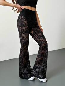 SHEIN Tall Women's Spring Sexy Retro Lace Lined Flared Pants - Black - View 5