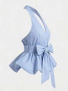 SHEIN PETITE 2026新款女士裹身式露背上衣，饰有蝴蝶结，经典条纹图案 - 适合日常休闲、办公室通勤、轻松度假穿着 - 藍白色 - 查看 5