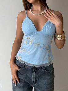 Aloruh Women's Sexy Elegant Deep V-Neck Embroidered Trim Solid Color Camisole - Baby Blue - View 4
