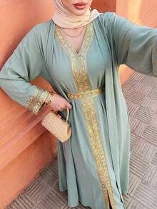 Elenzga 女士休闲绿色蕾丝拼接无袖连衣裙，配宽松外袍，两件套，早春 - 薄荷綠 - 查看 5