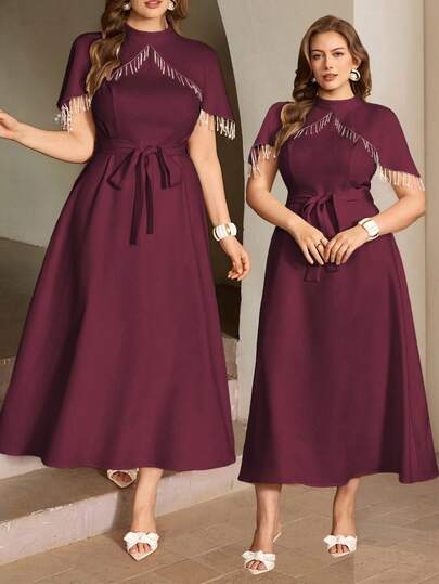 Roveilla Đầm dài tay ngắn dáng chữ A cổ đứng phối đá lấp lánh, cỡ lớn dành cho nữ, màu mơ, kiểu dáng 2 trong 1, thanh lịch, cổ điển Pháp, trang trọng, công sở, đi làm, đi nghỉ mát, dự tiệc chiều, phong cách đường phố, tối giản, vintage Úc, thích hợp cho tiệc tùng, ngày lễ tình nhân, hẹn hò, mùa xuân hè.