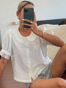 DAZY 彼得潘领拼接荷叶边宽松短款公主袖休闲度假女式衬衫 - 白色 - 查看 1