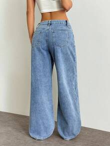 SHEIN Essnce 女士休闲水洗阔腿牛仔裤 - 淺色水洗藍 - 查看 2