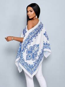 SOLERSUN Khăn choàng lệch vai dành cho nữ, vạt không đối xứng, họa tiết Paisley, phong cách đảo, thích hợp cho lễ hội âm nhạc, áo sơ mi mùa xuân/hè. - Màu xanh lam - Xem 2