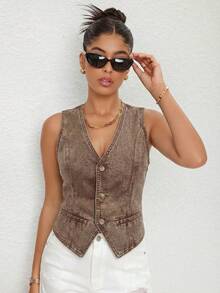 SHEIN Essnce Áo khoác denim nữ không tay, chất liệu denim mài, kiểu dáng thường ngày, có cúc phía trước, thích hợp cho mùa hè. - Cà phê nâu - Xem 5