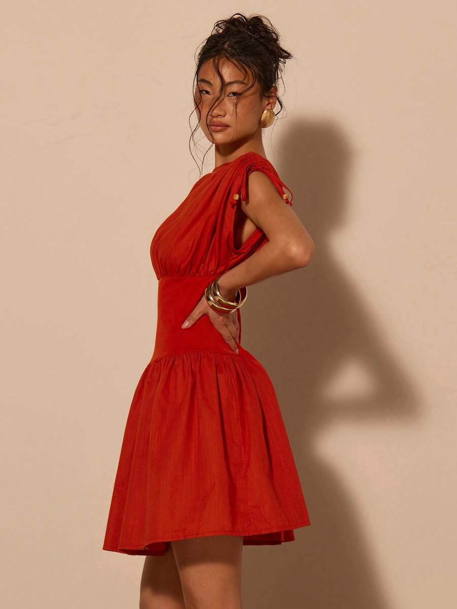 COSMINA 女士优雅褶皱腰身迷你连衣裙，通勤、办公、外出、日常穿着皆宜，春季百搭 - 紅色 - 查看 1