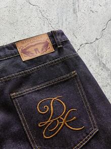 EVRINFINITE Unisex Loose Fit Wide Leg 7/8 Length Jeans, American Streetwear Style Embroidered, Soft Washed Non-Fading Denim - Dark Wash - View 4