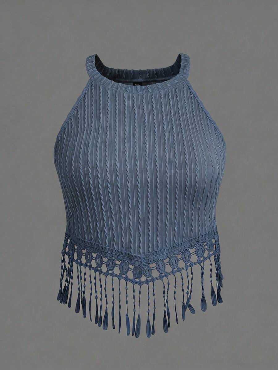 Sweetra Áo tank top lửng không tay màu trơn cỡ lớn có tua rua - Màu xanh bụi bặm - Xem 1