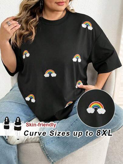 SHEIN CURVE+ Plus Size Black Loose T-Shirt / Pride Month / Plus Size Women's Round Neck Short-Sleeved Loose Embroidered T-Shirt