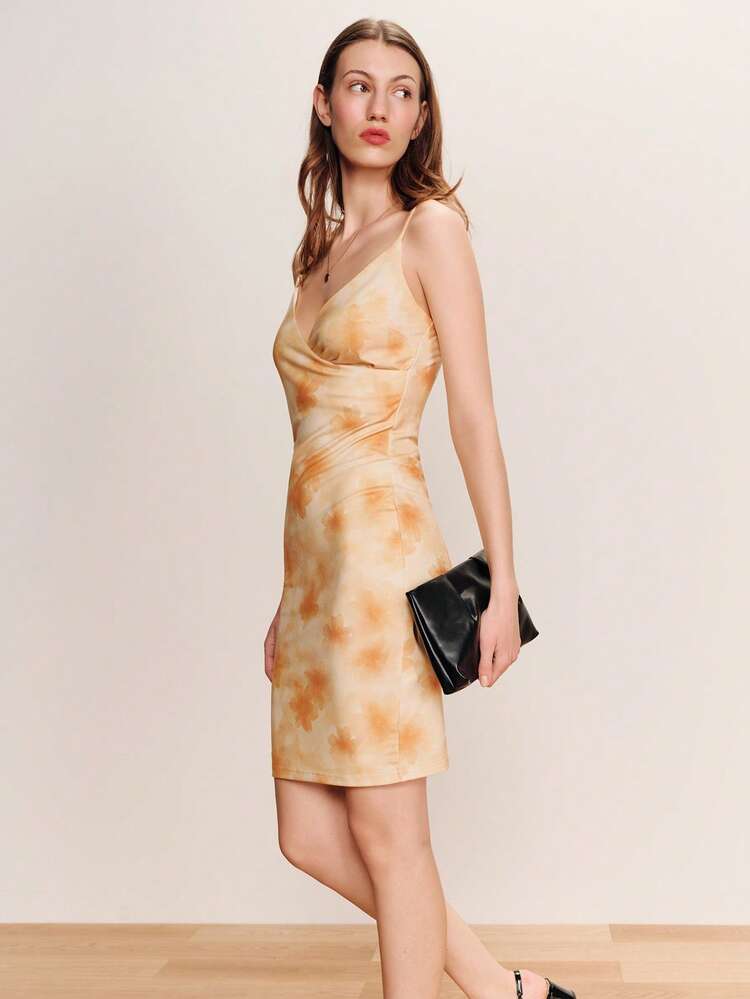 Yellow-Orange Floral Print Midi Dress With Wrap Neckline Spring Summer Style Bodycon Dress For Women