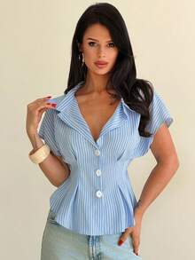 Firerie Women's Blue And White Stripe Pure Cotton Shirt,Off-The-Shoulder Fitted Waist Short-Sleeved Top,Summer Frenchy Holiday Vacation Elegant - Blue - View 4