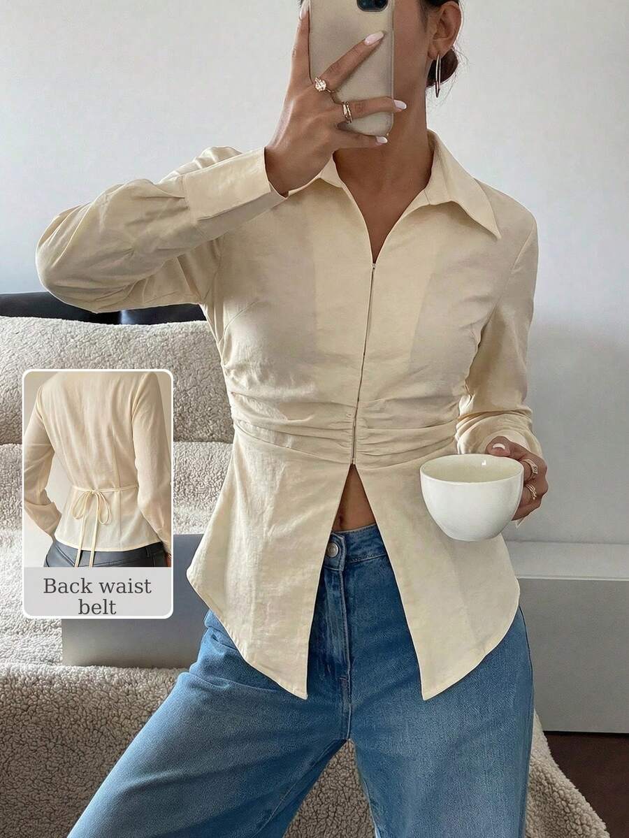 Modelyn 女士春夏黄色梭织长袖V领系腰纽扣A字优雅衬衫 - 黃色 - 查看 1