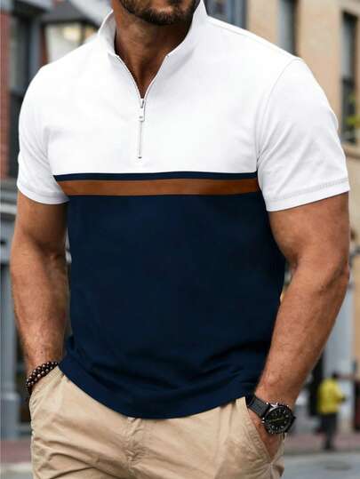 Manfinity Dauomo Plus Size Men's Casual Everyday Commute Contrast Color Short Sleeve Half Zip Stand Collar Polo Shirt, Summer