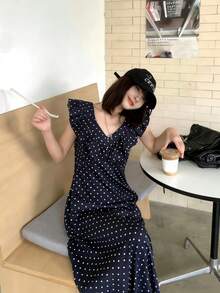 K-Vae 荷叶边袖露背复古波点连衣裙 - 藏蓝色 - 查看 7