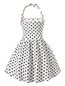 SHEIN Đầm chấm bi cổ yếm eo thấp xếp nếp cho bé gái tuổi teen, thích hợp mặc đi nghỉ mát mùa hè. - trắng - Xem 2