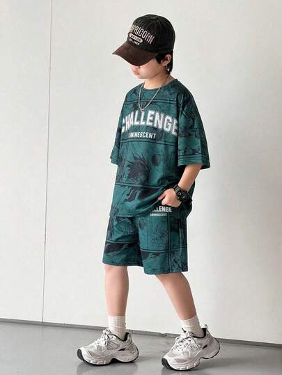 Bộ 2 món kiểu Hàn Quốc dành cho bé trai, áo thun ngắn tay cổ tròn dáng rộng in chữ và hoạt hình, gồm áo thun và quần short, thích hợp đi làm, đi học, mặc thường ngày, chơi thể thao, mùa xuân/hè.