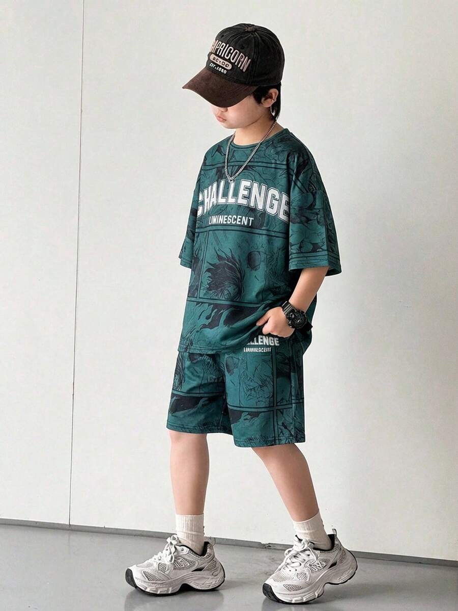 Bộ 2 món kiểu Hàn Quốc dành cho bé trai, áo thun ngắn tay cổ tròn dáng rộng in chữ và hoạt hình, gồm áo thun và quần short, thích hợp đi làm, đi học, mặc thường ngày, chơi thể thao, mùa xuân/hè. - màu xanh lá - Xem 1
