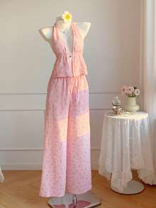 Comfortcana 女士碎花吊带背心和裤子休闲两件套 - 黃色 - 查看 6