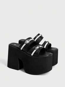 Sugerpunk Giày nữ mùa xuân hè, có khóa cài, mũi thường, đế dày 13cm, gót cao, phong cách punk, phối đen trắng, da PU, dép lê đế dày gót cao cho nữ, thích hợp cho tiệc tùng, ngày Valentine, đi ngoài trời, mùa hè, phong cách Y2K. - màu đen - Xem 2