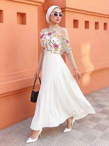 Elenzga Vestido largo con escote asimétrico de estilo francés elegante, borde acampanado, bordado de malla, para uso versátil diario, primavera/verano - Albaricoque - Ver 4