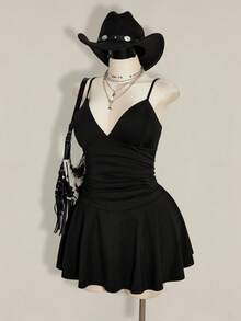 SHEIN ICON 大码女士性感纯色V领吊带连衣裙，夏季 - 黑色 - 查看 5