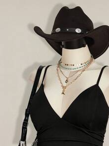 SHEIN ICON 大码女士性感纯色V领吊带连衣裙，夏季 - 黑色 - 查看 6