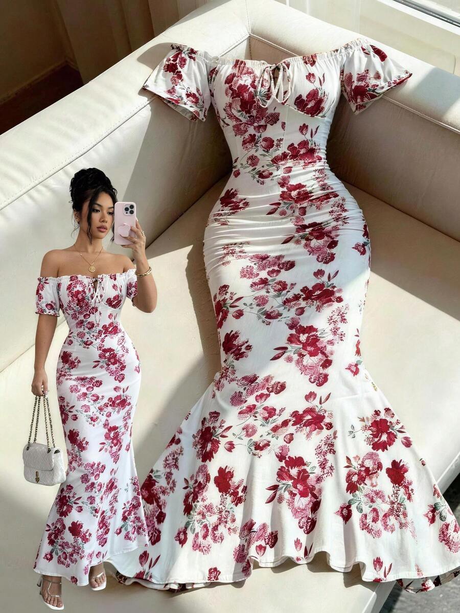 SHEIN Elenzya Women's Floral Print Ruffle Off-Shoulder Short Sleeve Tie Front Fitted Fishtail Hem Elegant Dress - Hot Pink - View 1