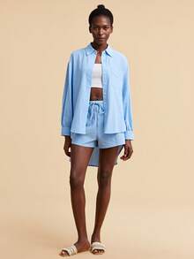 Travachic Women's Solid Color Woven Loose Shirt Shorts 2 Pieces Set, Autumn Golf Pastal Sexy - Baby Blue - View 7