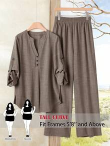 SHEIN Tall CURVE 大码女式纯色袖口衬衫和阔腿裤休闲两件套 - 棕色 - 查看 1