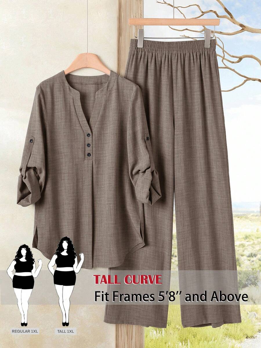 SHEIN Tall CURVE 大码女式纯色袖口衬衫和阔腿裤休闲两件套 - 棕色 - 查看 1
