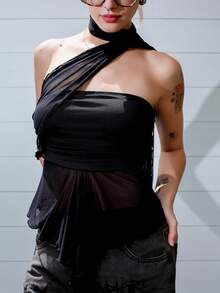 Ananda Vibes Y2k 現代胸側褶皺可拆卸網眼女用抹胸上衣 - 黑色 - 查看 5