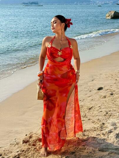 Sunnyshic 性感海岛海滩度假风无肩带无袖网纱印花连衣裙，大码