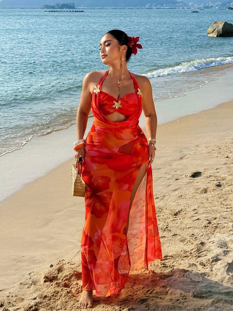 Sunnyshic Sexy Island Beach Resort Strapless Sleeveless Mesh Floral Print Dress, Plus Size - Orange - View 1