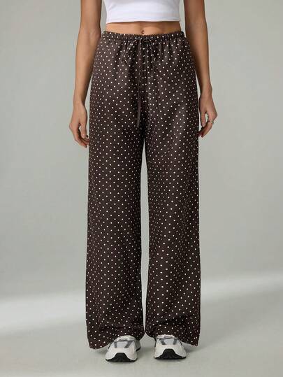 SHEIN Tall 棕色裤子 冬季 圣诞 新年 棕色波点编织 女士系带阔腿裤 棕色裤子 波点裤 棕色波点裤，秋季，女士秋装，女士冬装